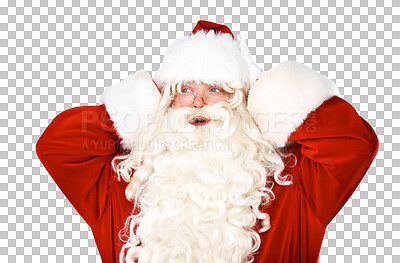 Buy stock photo Wow, Christmas and mind blown with a Santa Claus man isolated on a transparent background for December celebration. Winter, holiday and surprise with a male in a red costume on PNG for a merry event