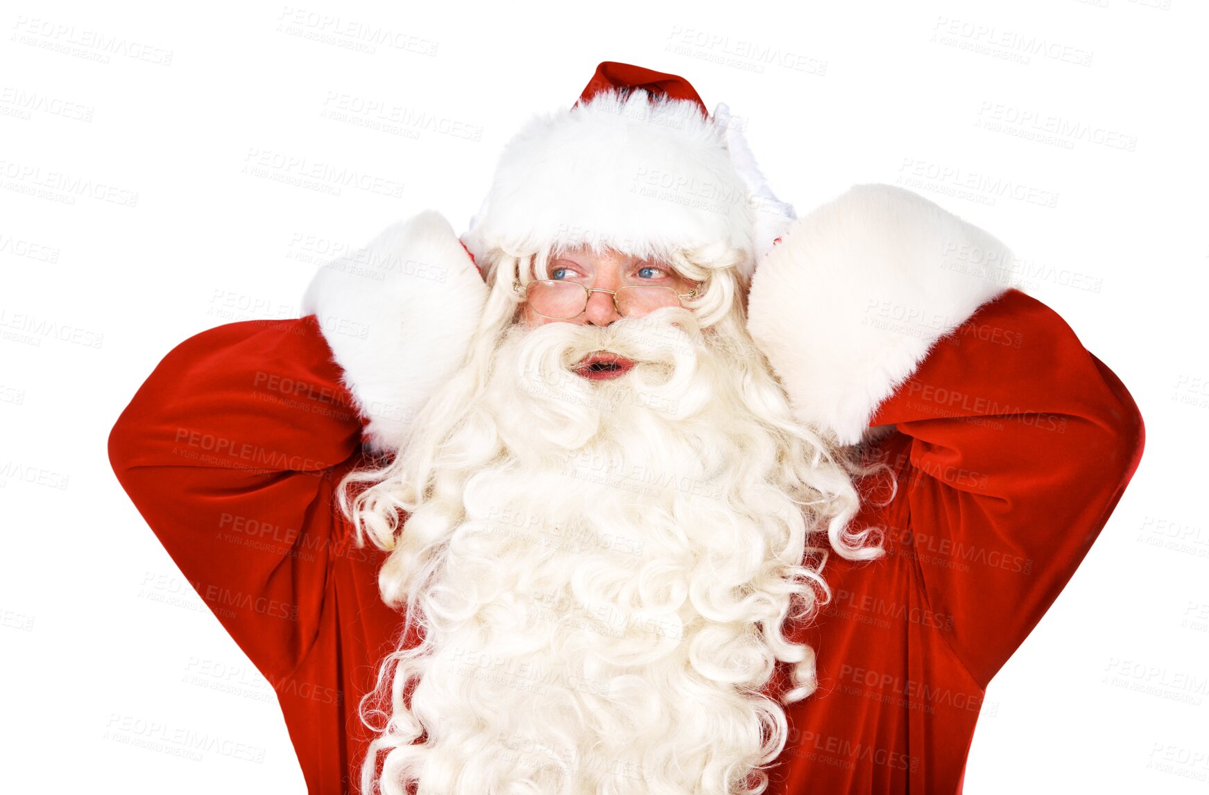 Buy stock photo Wow, Christmas and mind blown with a Santa Claus man isolated on a transparent background for December celebration. Winter, holiday and surprise with a male in a red costume on PNG for a merry event