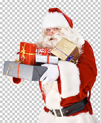 Buy stock photo Santa portrait, senior man and gift, holiday present or e commerce delivery in red costume. Father Christmas and retail boxes in giveaway, competition or prize isolated on transparent png background