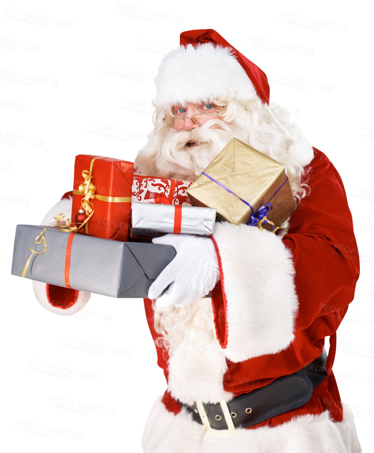 Buy stock photo Santa portrait, senior man and gift, holiday present or e commerce delivery in red costume. Father Christmas and retail boxes in giveaway, competition or prize isolated on transparent png background