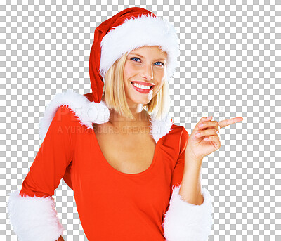 Buy stock photo Portrait, festive and a woman Santa Claus pointing isolated on a transparent background in December. Smile, promotion offer and Christmas is coming soon with a young female in costume on PNG