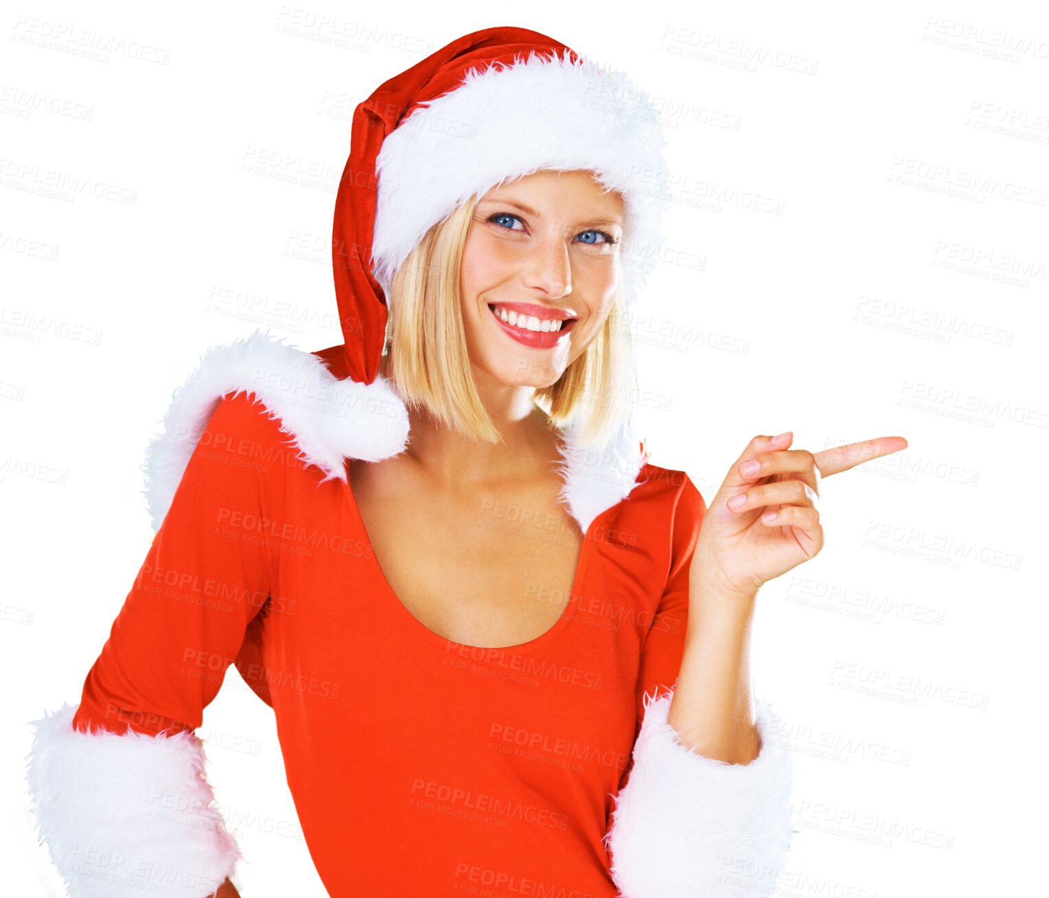 Buy stock photo Portrait, festive and a woman Santa Claus pointing isolated on a transparent background in December. Smile, promotion offer and Christmas is coming soon with a young female in costume on PNG