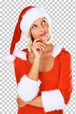 Buy stock photo Christmas, thinking and woman with ideas, decision and model isolated on transparent background. Female person, Xmas or girl with celebration, questions or santa outfit with png, holiday or dreaming