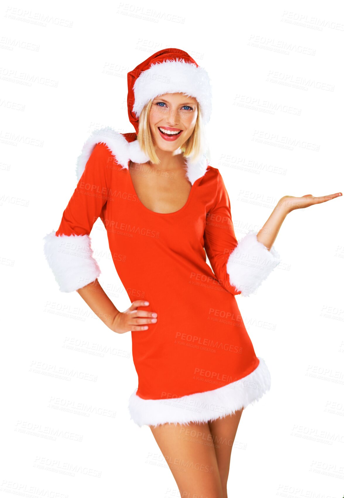 Buy stock photo Hand, show and Christmas portrait of woman with offer, promotion or sales on transparent, isolated or png background. Holiday, deal and model with presentation of advertising or product placement