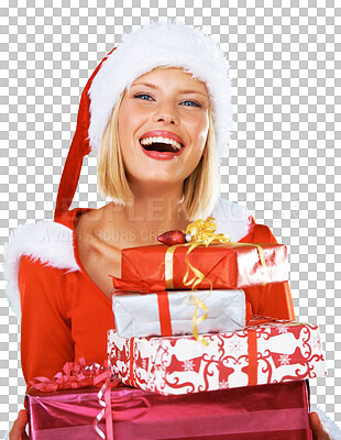 Buy stock photo Portrait, Christmas and gift with a woman Santa Claus isolated on transparent background for celebration. Box, present and festive season with a female person in costume for December holidays on PNG