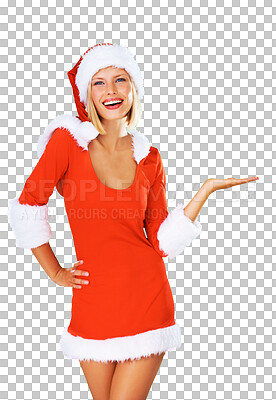 Buy stock photo Christmas, promotion and woman in portrait hand, gesture or presentation of choice on transparent, isolated or png background. Hands, show and palm advertising sales offer or happy for announcement