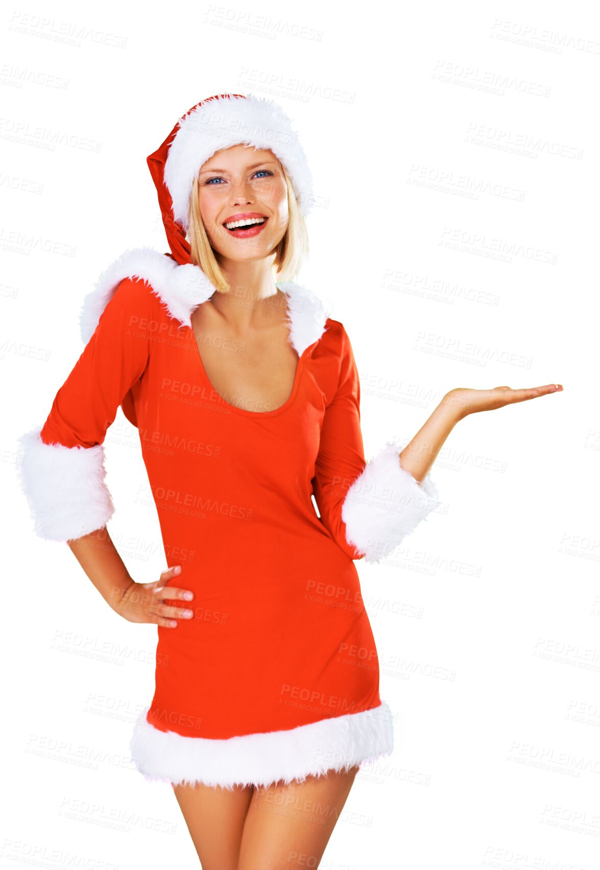 Buy stock photo Christmas, promotion and woman in portrait hand, gesture or presentation of choice on transparent, isolated or png background. Hands, show and palm advertising sales offer or happy for announcement