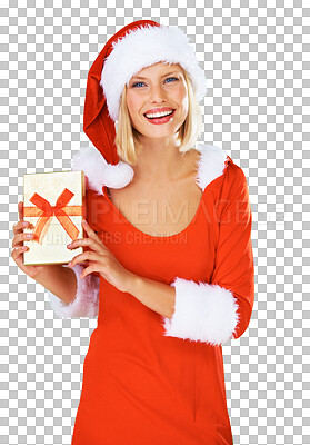 Buy stock photo Portrait, gift and present with a woman Santa Claus isolated on transparent background for celebration. Christmas, box and festive season with a female person in costume for December holidays on PNG