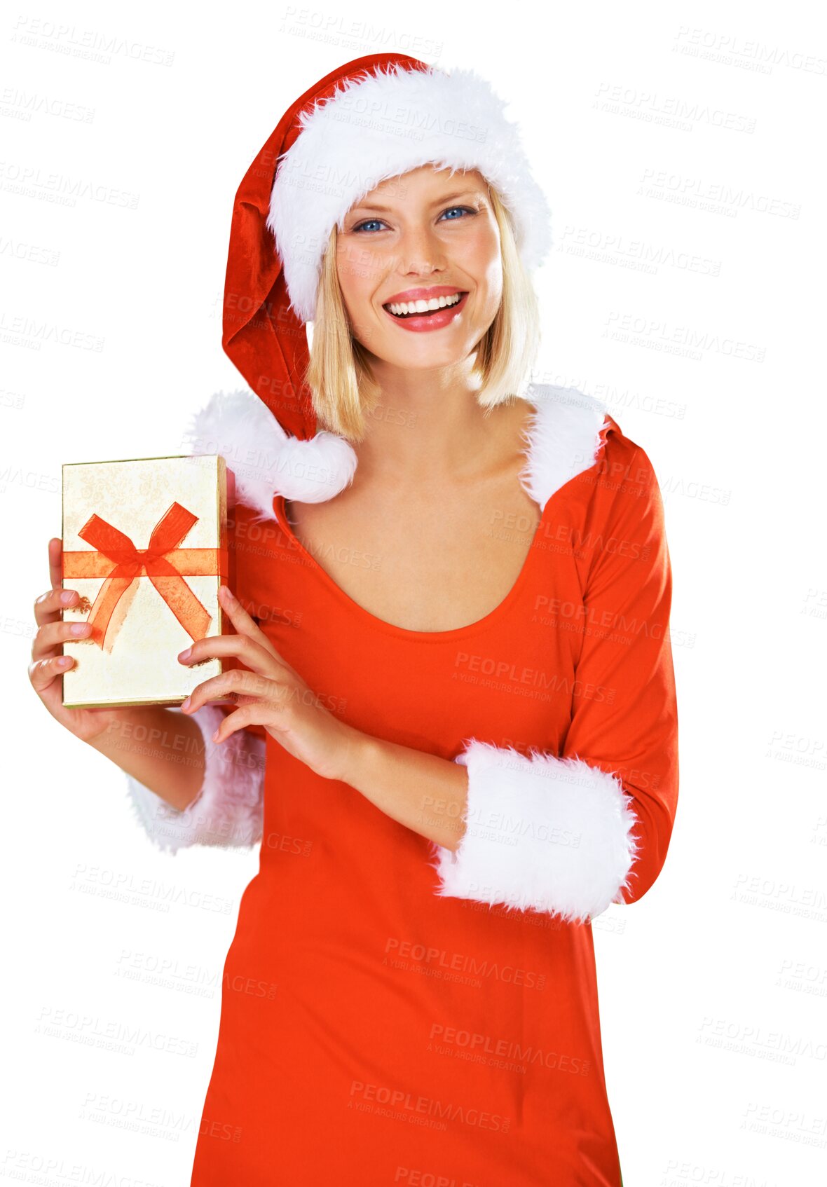 Buy stock photo Portrait, gift and present with a woman Santa Claus isolated on transparent background for celebration. Christmas, box and festive season with a female person in costume for December holidays on PNG