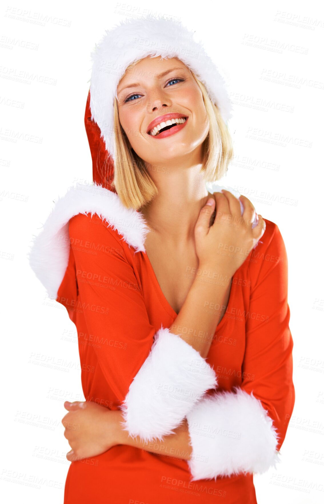 Buy stock photo Portrait, Christmas and woman with self love, smile and model isolated on a transparent background. Happy, female person and girl with happiness, Xmas and promotion with png, funny and santa outfit