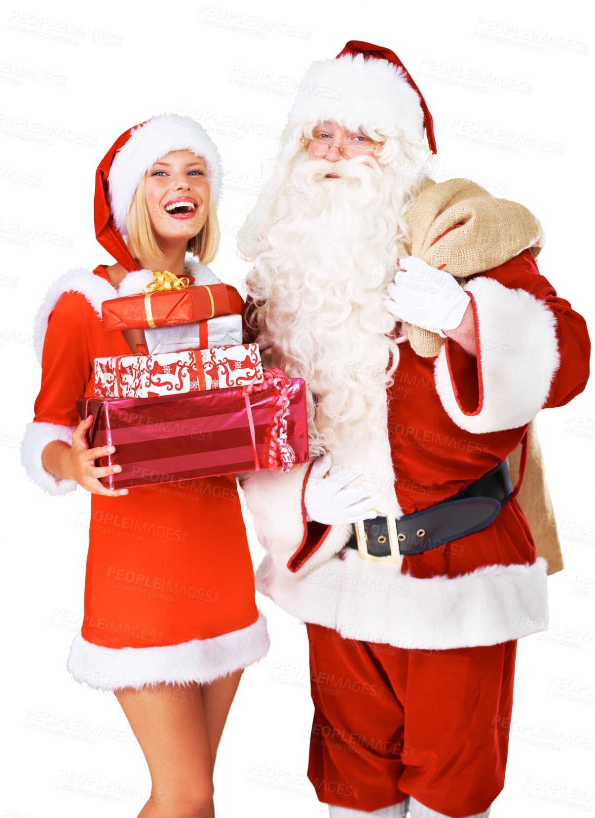 Buy stock photo Present, Christmas and holiday with a Santa Claus and helper isolated on a transparent background. Celebration, festive and portrait of a man and woman in a red costume on PNG with gift for event 