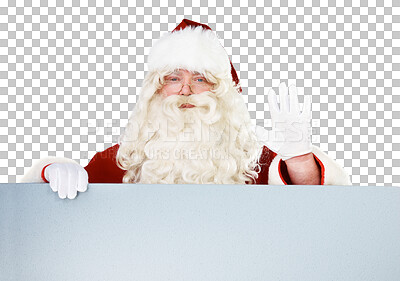 Buy stock photo Isolated Santa Claus man, blank poster and wave in portrait for promo, mockup space or transparent png background. Christmas character, paper billboard or sign for marketing in festive holiday season