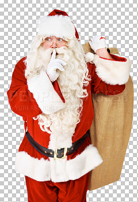 Buy stock photo Christmas, secret and sneaky with santa claus isolated on a transparent background. Quiet, silent and a man in costume, finger on lips for the festive season on PNG in winter or the december holidays