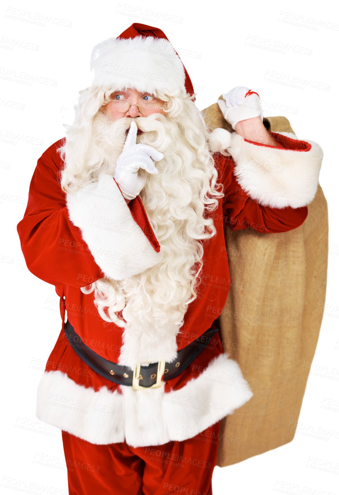 Buy stock photo Christmas, secret and sneaky with santa claus isolated on a transparent background. Quiet, silent and a man in costume, finger on lips for the festive season on PNG in winter or the december holidays