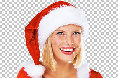 Buy stock photo Isolated santa hat, woman and portrait for smile, beauty or makeup at Christmas by transparent png background. Lady, xmas costume and Mrs Claus in celebration, festive holiday or happy with cosmetics