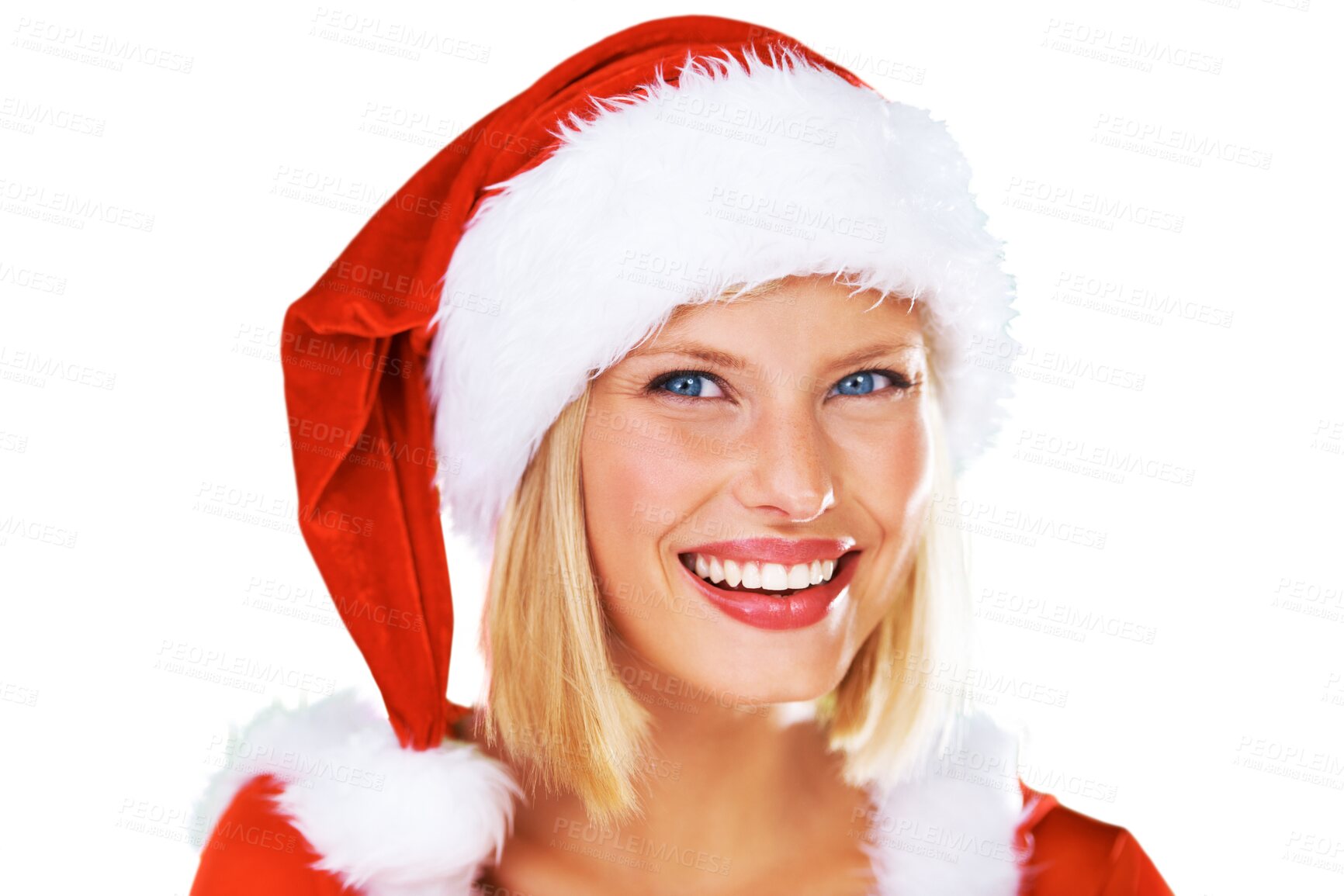 Buy stock photo Isolated santa hat, woman and portrait for smile, beauty or makeup at Christmas by transparent png background. Lady, xmas costume and Mrs Claus in celebration, festive holiday or happy with cosmetics