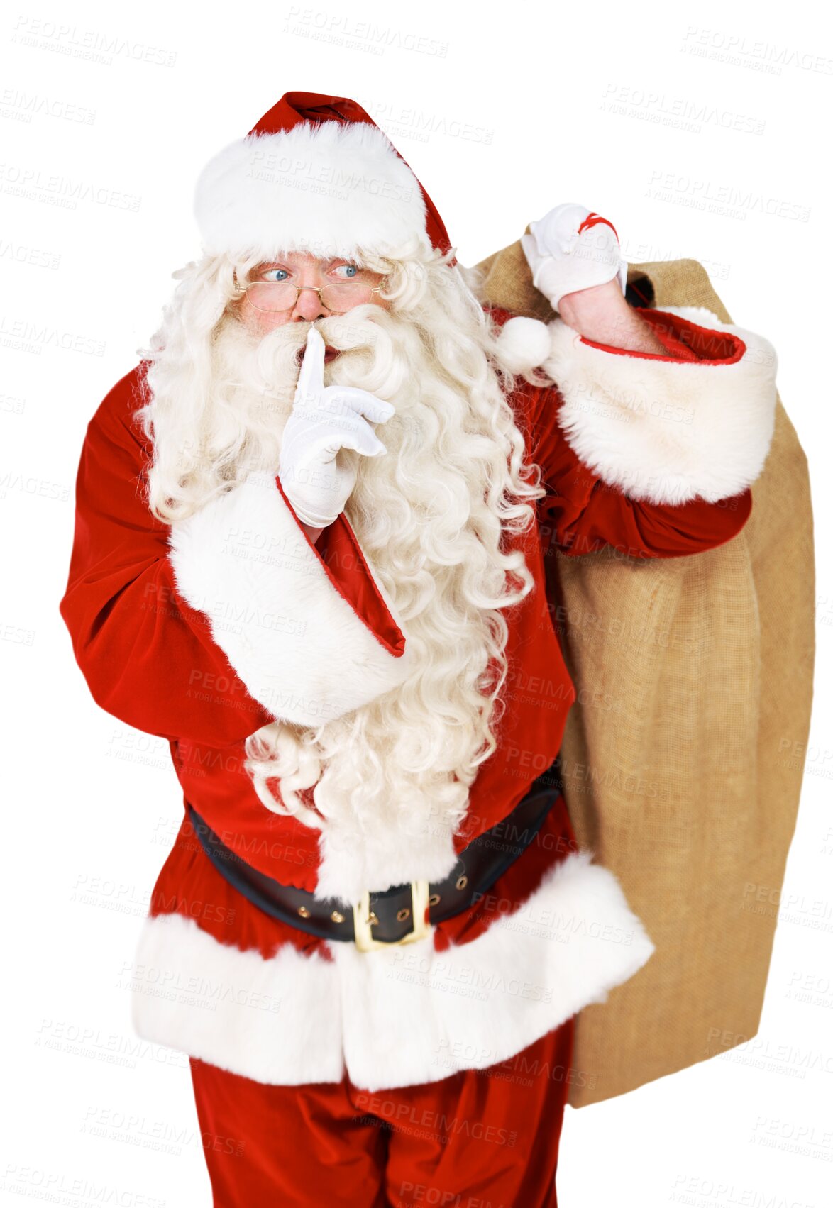 Buy stock photo Christmas, gift and a secret Santa Claus man isolated on a transparent background for silent delivery. Festive, celebration and a present sack with a quiet person in a red costume on PNG for mystery