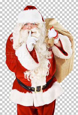 Buy stock photo Secret, santa and portrait with hand, sign or father Christmas with present, gift or bag on transparent, isolated or png background. Finger, gesture and xmas, surprise or whisper in festive costume