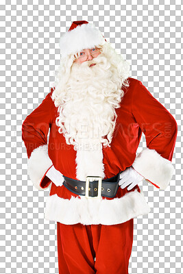 Buy stock photo Portrait, Christmas and season with a Santa Claus man isolated on a transparent background for December celebration. Winter, holiday and festive with a male in a red costume on PNG for a merry event