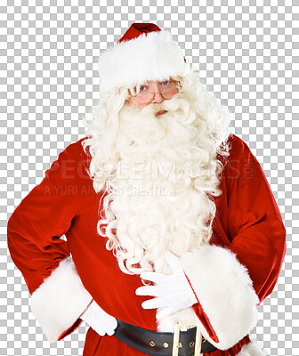 Buy stock photo Portrait, Christmas and winter with a Santa Claus man isolated on a transparent background for December celebration. Festive, holiday and season with a male in a red costume on PNG for a merry event