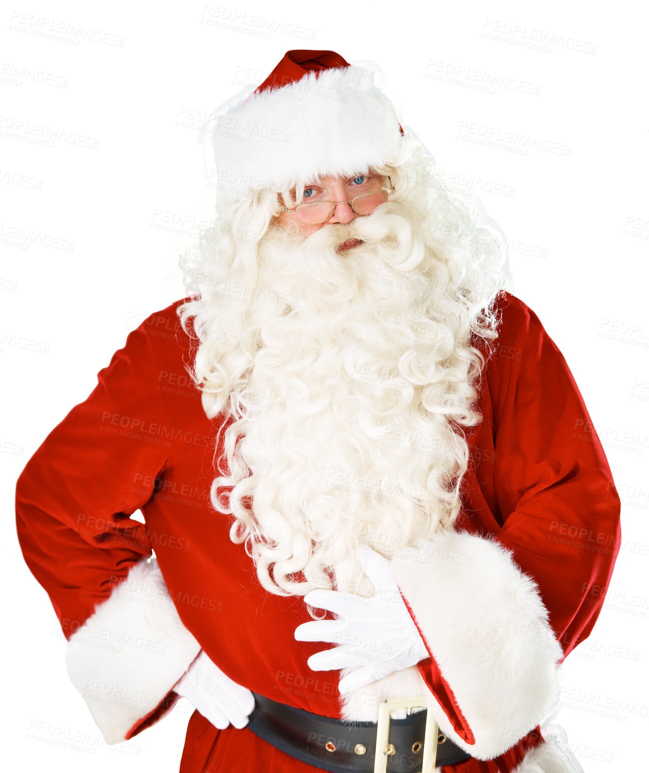 Buy stock photo Portrait, Christmas and winter with a Santa Claus man isolated on a transparent background for December celebration. Festive, holiday and season with a male in a red costume on PNG for a merry event