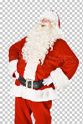 Buy stock photo Happy, Christmas and laughing with a Santa Claus man isolated on a transparent background for December celebration. Winter, holiday and funny with a male in a red costume on PNG for a merry event