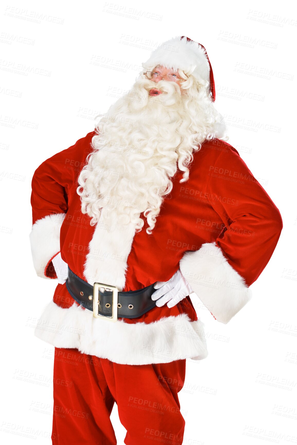Buy stock photo Happy, Christmas and laughing with a Santa Claus man isolated on a transparent background for December celebration. Winter, holiday and funny with a male in a red costume on PNG for a merry event