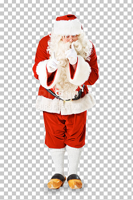 Buy stock photo Secret, Christmas and a Santa Claus with finger on lips for holiday isolated on a transparent background. Celebration, festive and portrait of man in red costume on PNG for silence, shhh or hush