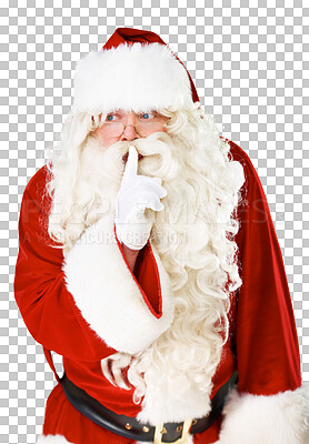 Buy stock photo Mystery, Christmas and secret with a Santa Claus man isolated on a transparent background for December celebration. Winter, holiday and silent with a male in a red costume on PNG for a merry event