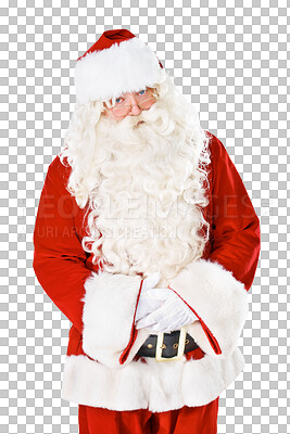 Buy stock photo Portrait, Christmas and holiday with a Santa Claus man isolated on a transparent background for December celebration. Winter, festive and season with a male in a red costume on PNG for a merry event