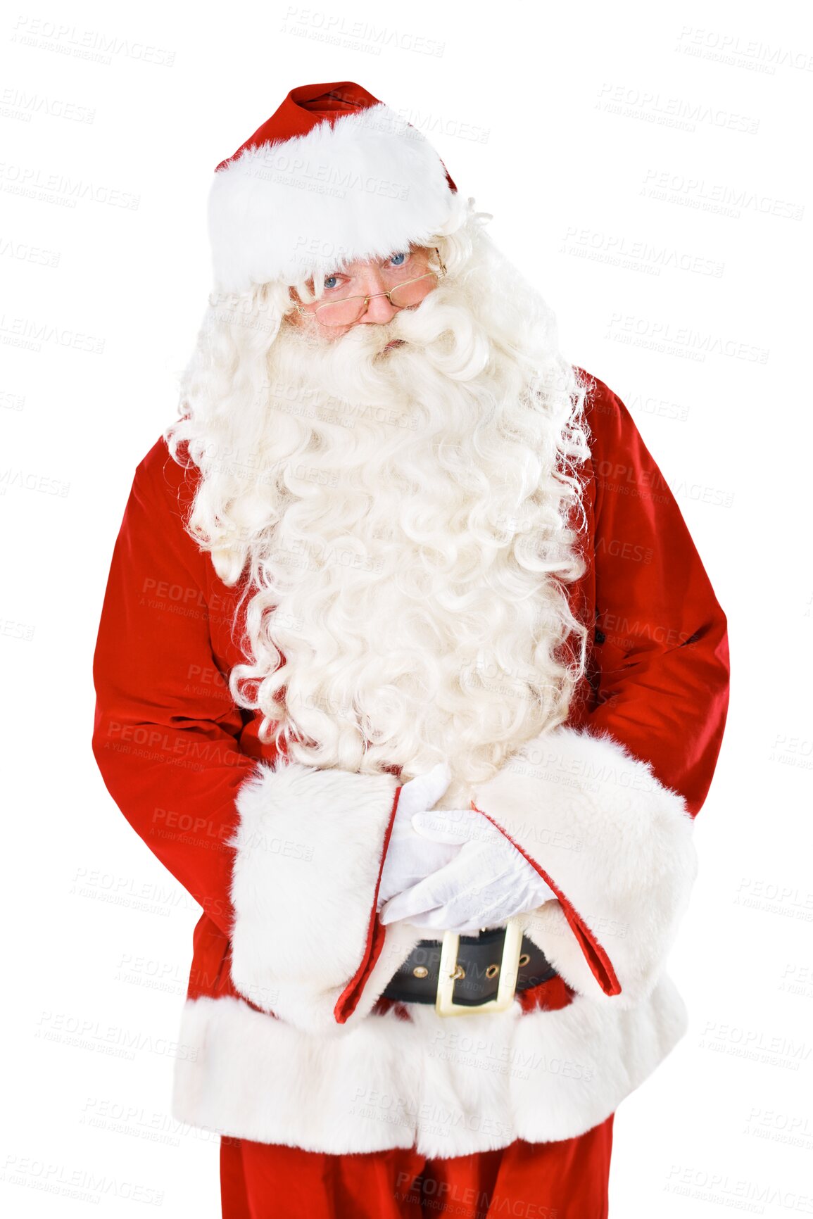 Buy stock photo Portrait, Christmas and holiday with a Santa Claus man isolated on a transparent background for December celebration. Winter, festive and season with a male in a red costume on PNG for a merry event