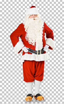 Buy stock photo Portrait, Christmas and festive with a serious Santa Claus isolated on a transparent background for December celebration. Winter, holiday and season with a man in a red costume or clothes on PNG