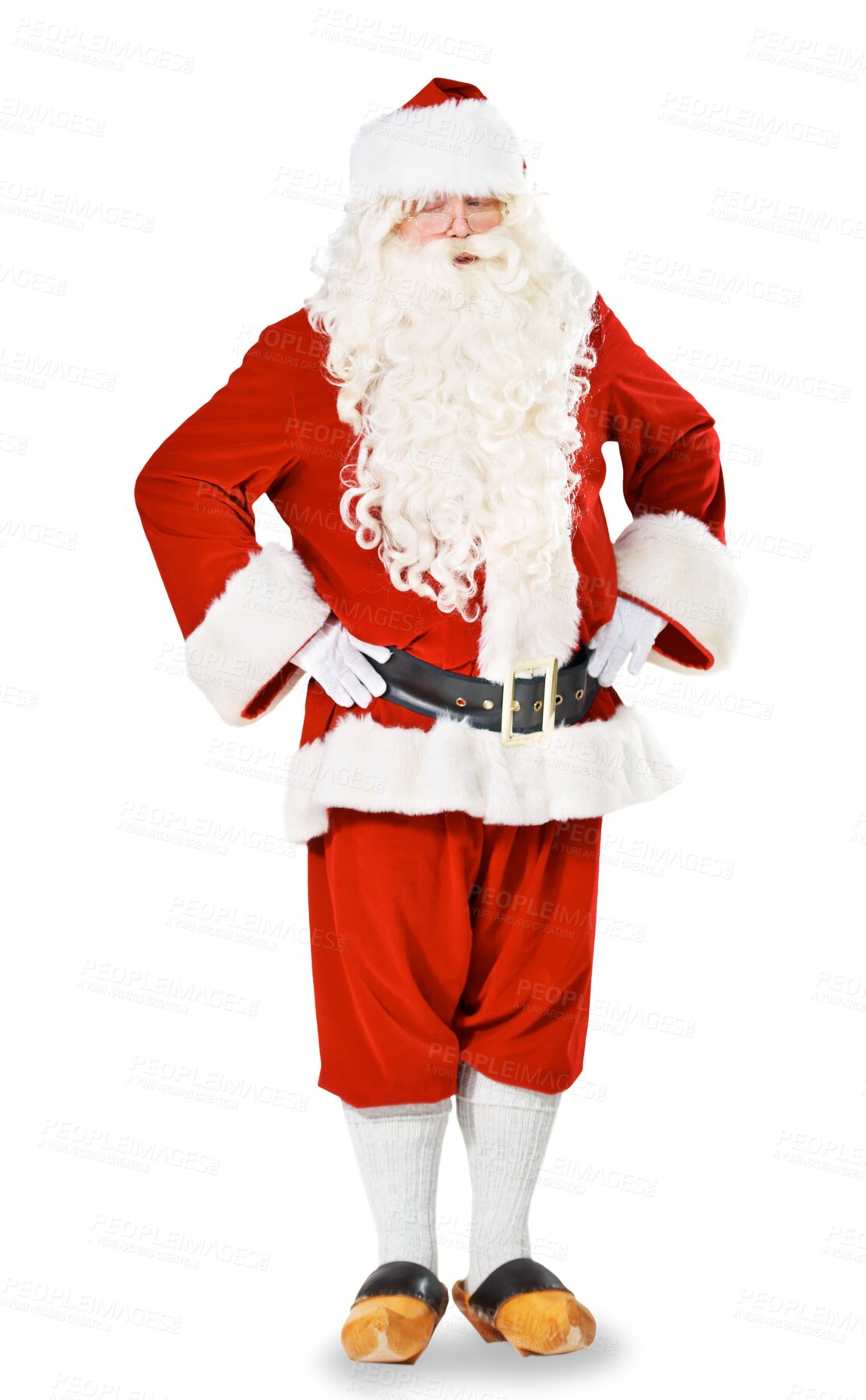 Buy stock photo Portrait, Christmas and festive with a serious Santa Claus isolated on a transparent background for December celebration. Winter, holiday and season with a man in a red costume or clothes on PNG