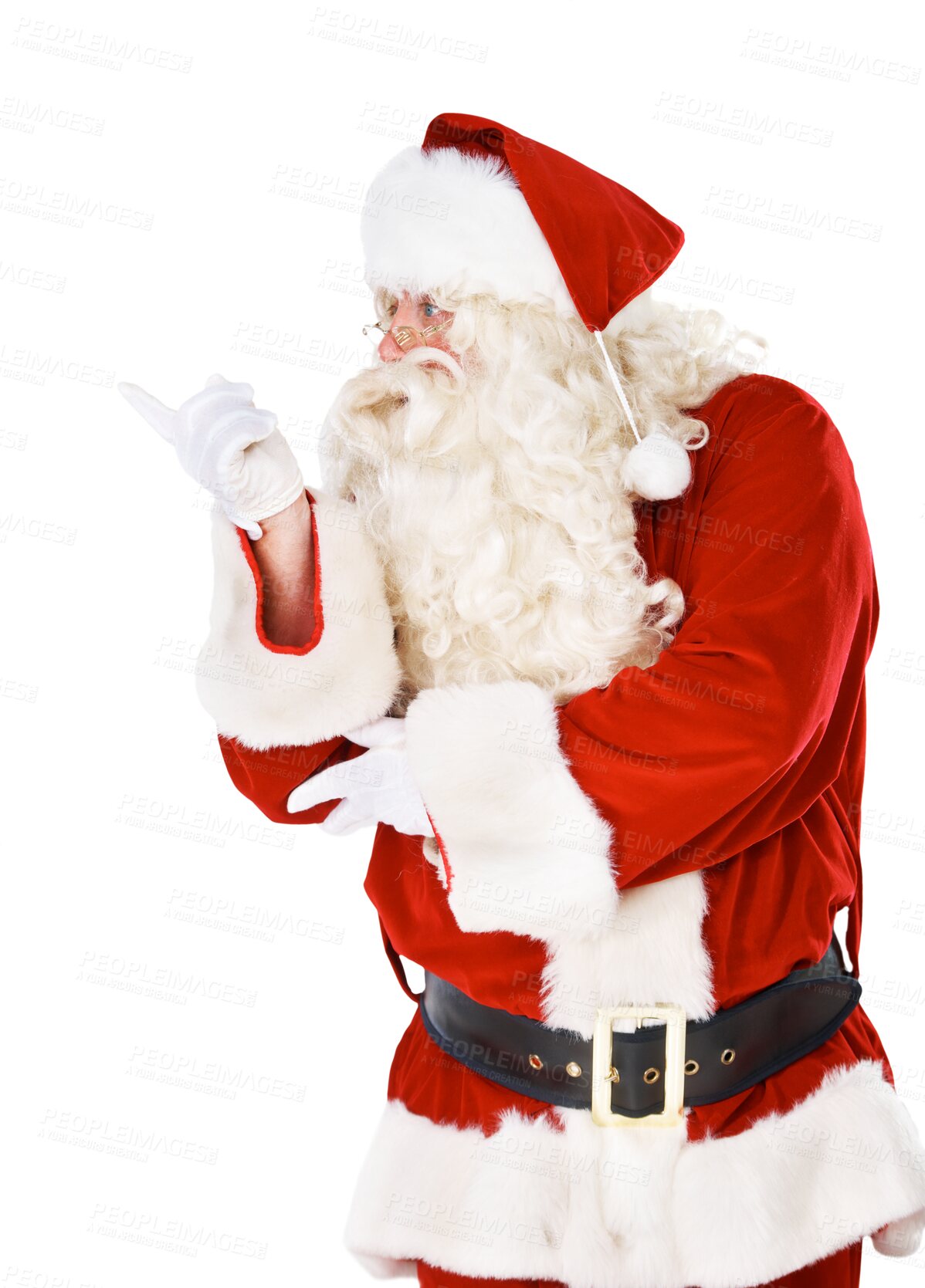 Buy stock photo Father Christmas, pointing and man with presentation, sale and costume isolated on a transparent background. Male person, model and Santa Clause with gesture, promotion and png with announcement 