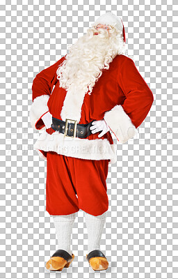 Buy stock photo Christmas, funny and laughing santa claus isolated on transparent background. Happy, comedy and a man in a red clothes costume for a festive event on PNG in winter or the december holiday season