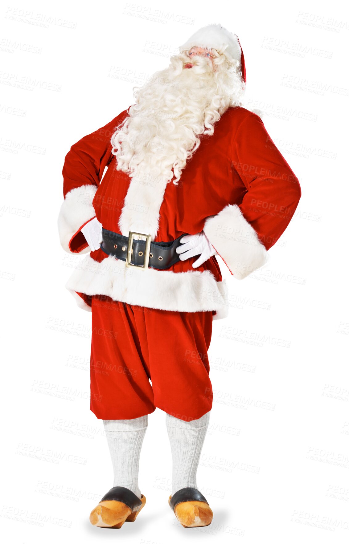 Buy stock photo Christmas, funny and laughing santa claus isolated on transparent background. Happy, comedy and a man in a red clothes costume for a festive event on PNG in winter or the december holiday season