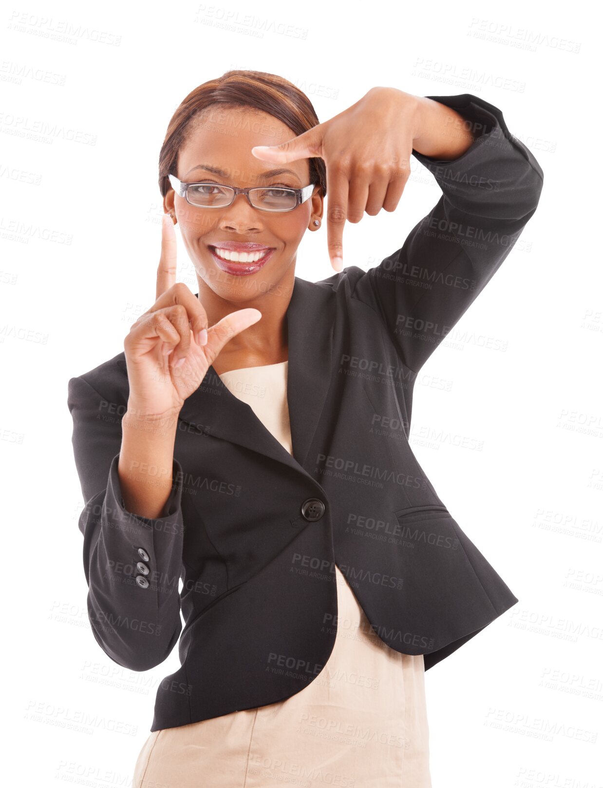 Buy stock photo Frame, sign and portrait of business woman with hands or idea for camera angle on transparent, isolated or png background. Framing, composition or vision for film, photography or profile picture