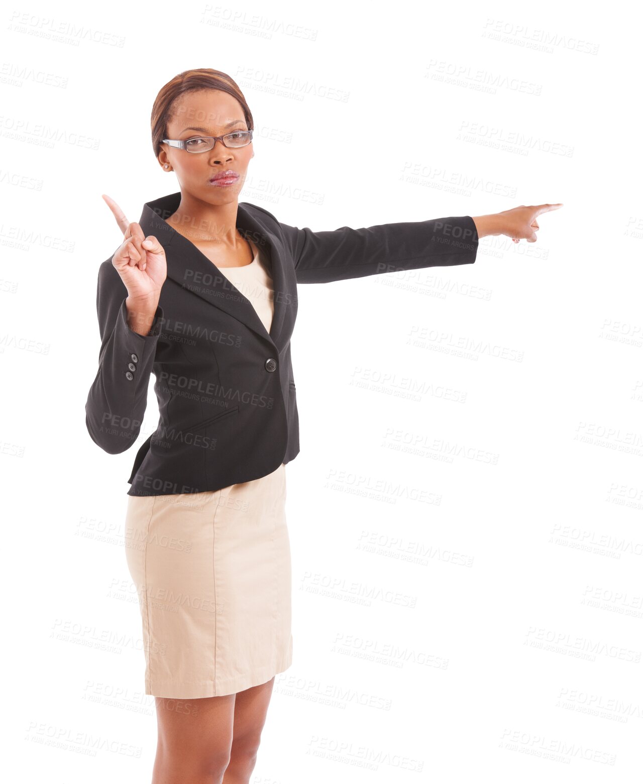 Buy stock photo Hand, pointing and portrait of angry, teacher with stern, warning or control in class on transparent, isolated or png background. Stop, direction and black woman with discipline or punishment