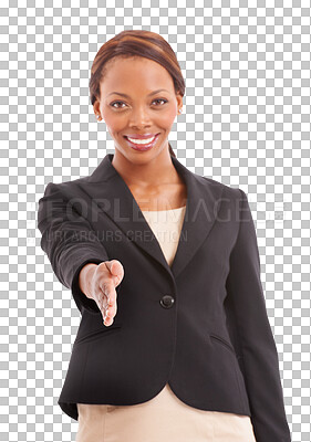 Buy stock photo Happy black woman, portrait and handshake in business, meeting or greeting isolated on a transparent PNG background. African female person shaking hands in hiring, recruiting or welcome and thank you