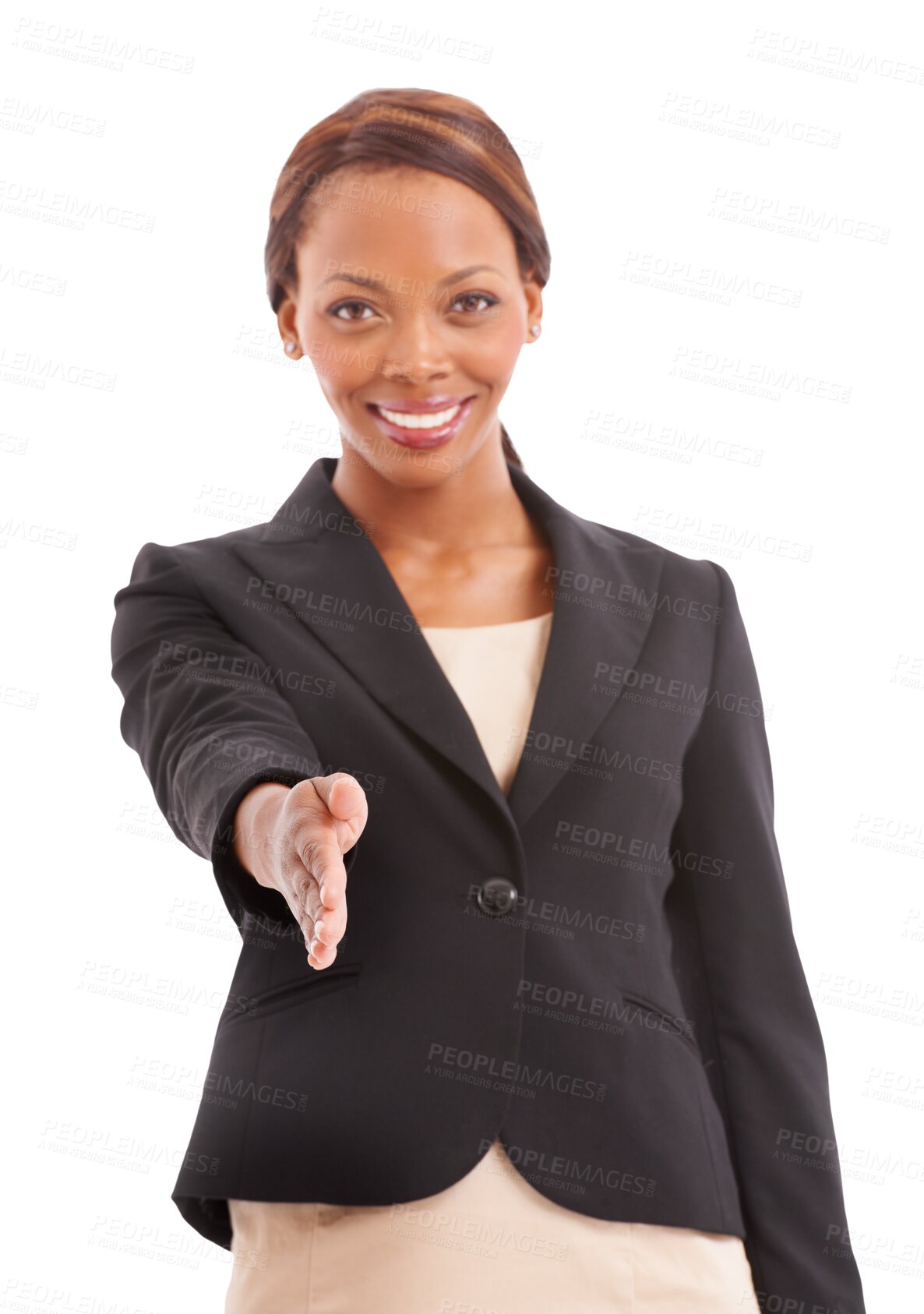 Buy stock photo Happy black woman, portrait and handshake in business, meeting or greeting isolated on a transparent PNG background. African female person shaking hands in hiring, recruiting or welcome and thank you