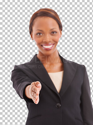 Buy stock photo Black woman, portrait and handshake in business, meeting or greeting isolated on a transparent PNG background. Happy African female person shaking hands in hiring, recruiting or welcome and thank you