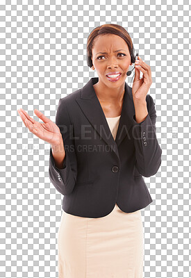 Buy stock photo Call center, confused and young female consultant working on a crm consultation with headset. Contact, customer support and African woman telemarketing agent isolated by a transparent png background.