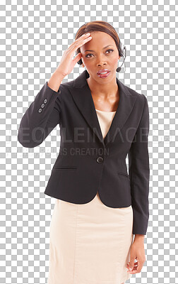 Buy stock photo Call center, thinking and black woman consultant worried with stress isolated in a transparent or png background. Confused, headache and telemarketing employee with pain, burnout and frustrated