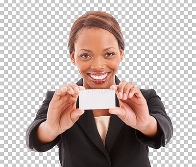 Buy stock photo Happy black woman, portrait and business card for information or contact us isolated on a transparent PNG background. African female person smile with paper, list or sign in advertising or marketing