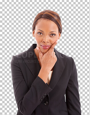 Buy stock photo Business woman, thinking and portrait with a smile and confidence for professional career. African female corporate person isolated on a transparent, png background for idea or plan with hand on chin