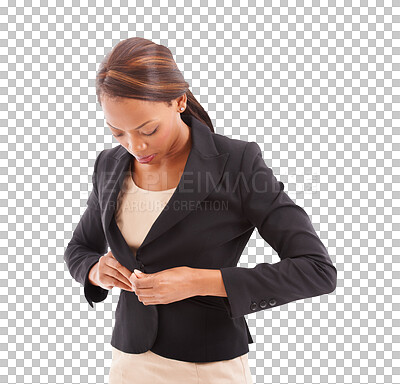 Buy stock photo Business woman, clothes and dressing in corporate fashion while buttoning blazer. Professional african person isolated on a transparent, png background for style, confidence and ready to start work