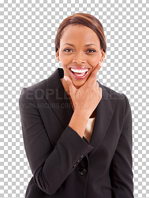 Buy stock photo Happy, proud and portrait of businesswoman with smile, confidence or professional success. Hand on chin, excited black woman or face of African corporate worker isolated on transparent png background