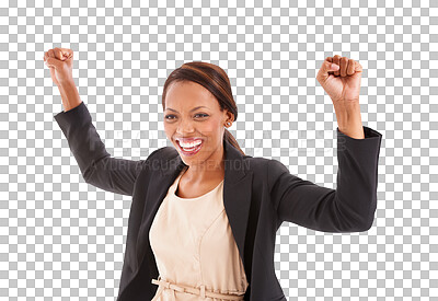 Buy stock photo Happy black woman, fist pump and celebration in winning, bonus or promotion isolated on a transparent PNG background. Excited African female person smile in happiness, victory success or good news