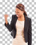 Happy black woman, fist pump and celebration in promotion, winning or bonus isolated on a transparent PNG background. Excited African female person smile in happiness, victory success or good news