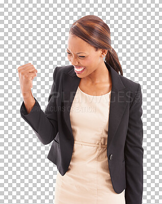 Happy black woman, fist pump and celebration in promotion, winning or bonus isolated on a transparent PNG background. Excited African female person smile in happiness, victory success or good news